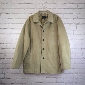 J CREW BARN COAT SIZE LARGE KHAKI GREEN LINED BUTTON-UP WINTER WARM EUC MENS